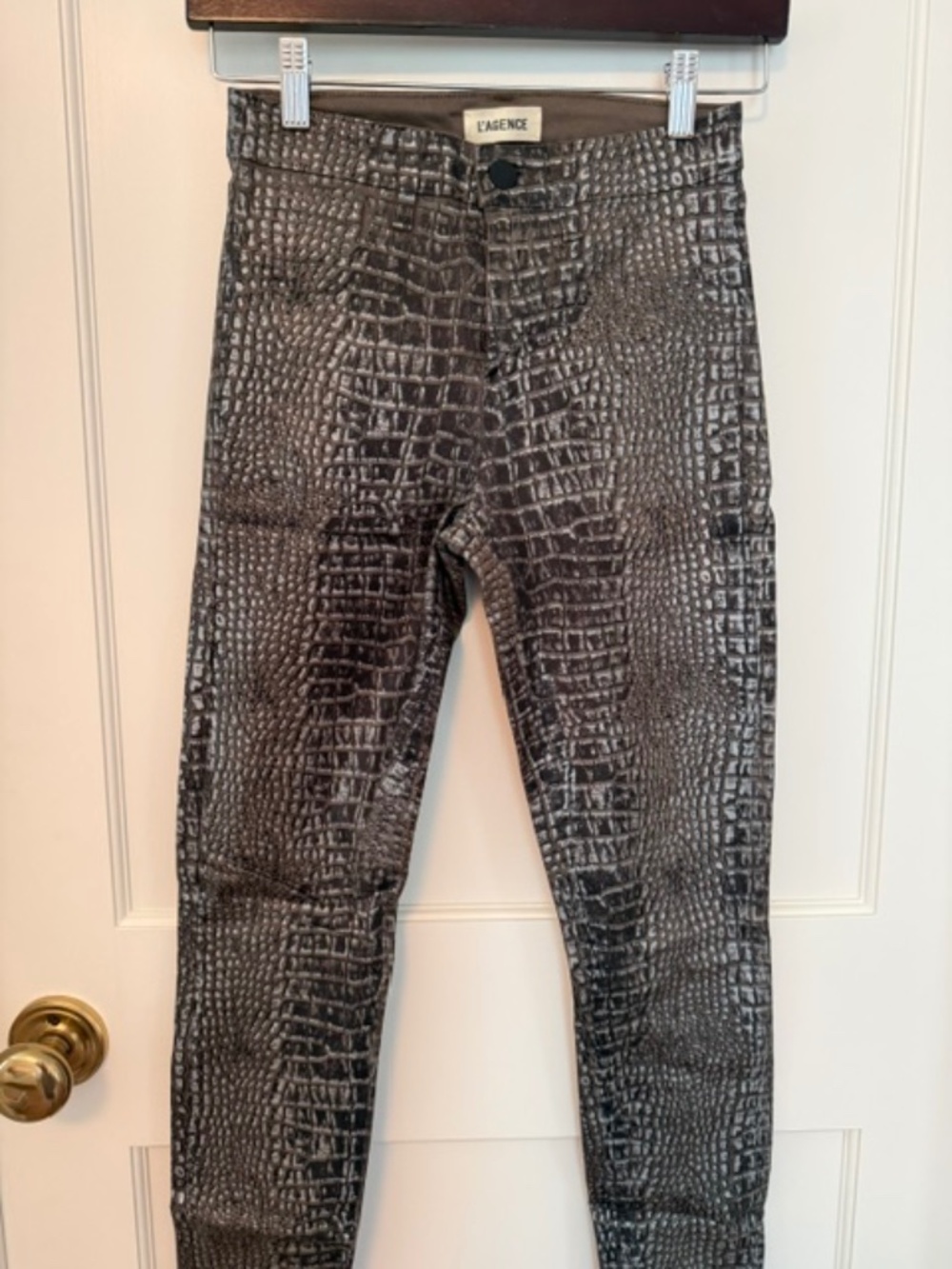 L'AGENCE "Margot" High-Rise Coated Metallic Croc Foil Skinny Jeans